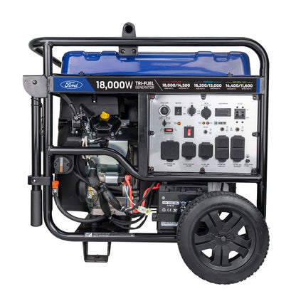 18,000W tri-fuel generator with Ford logo on a white background