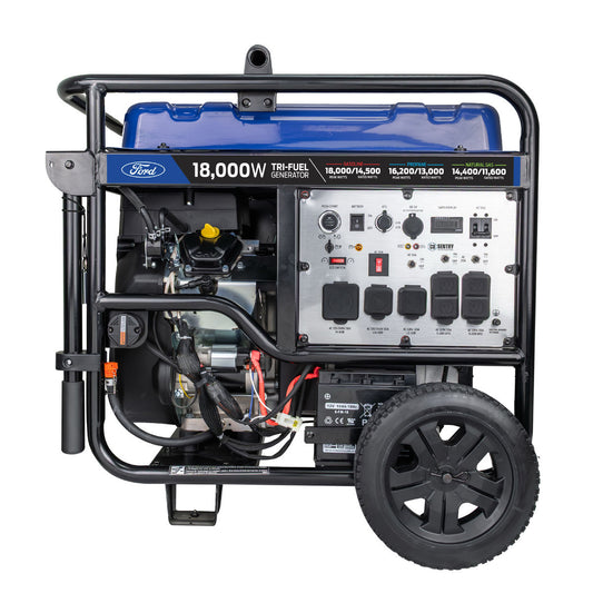 18,000W tri-fuel generator with Ford logo on a white background