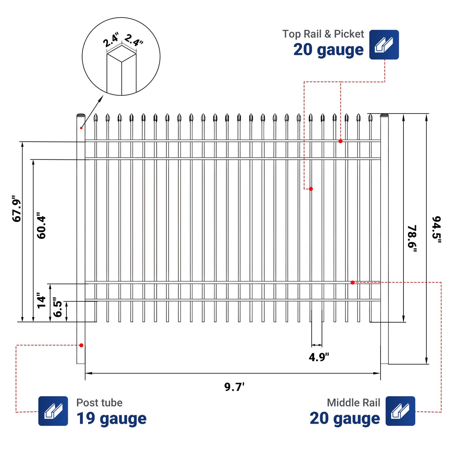 Dimension and tube thickness of 10x7 ft steel fence with 4 rails