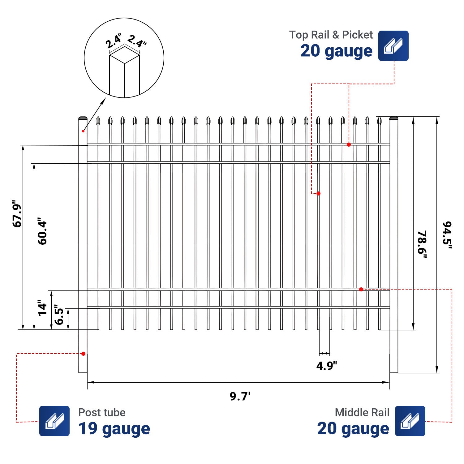 Dimension and tube thickness of 10x7 ft steel fence with 4 rails