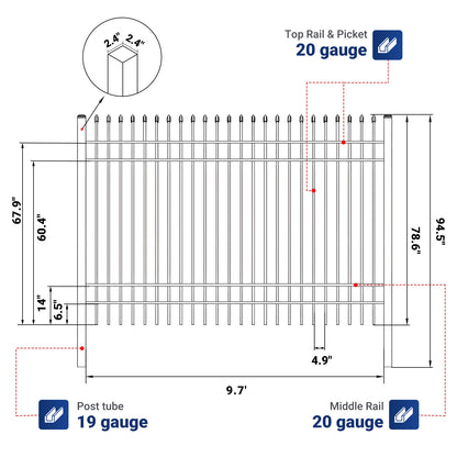 Dimension and tube thickness of 10x7 ft steel fence with 4 rails