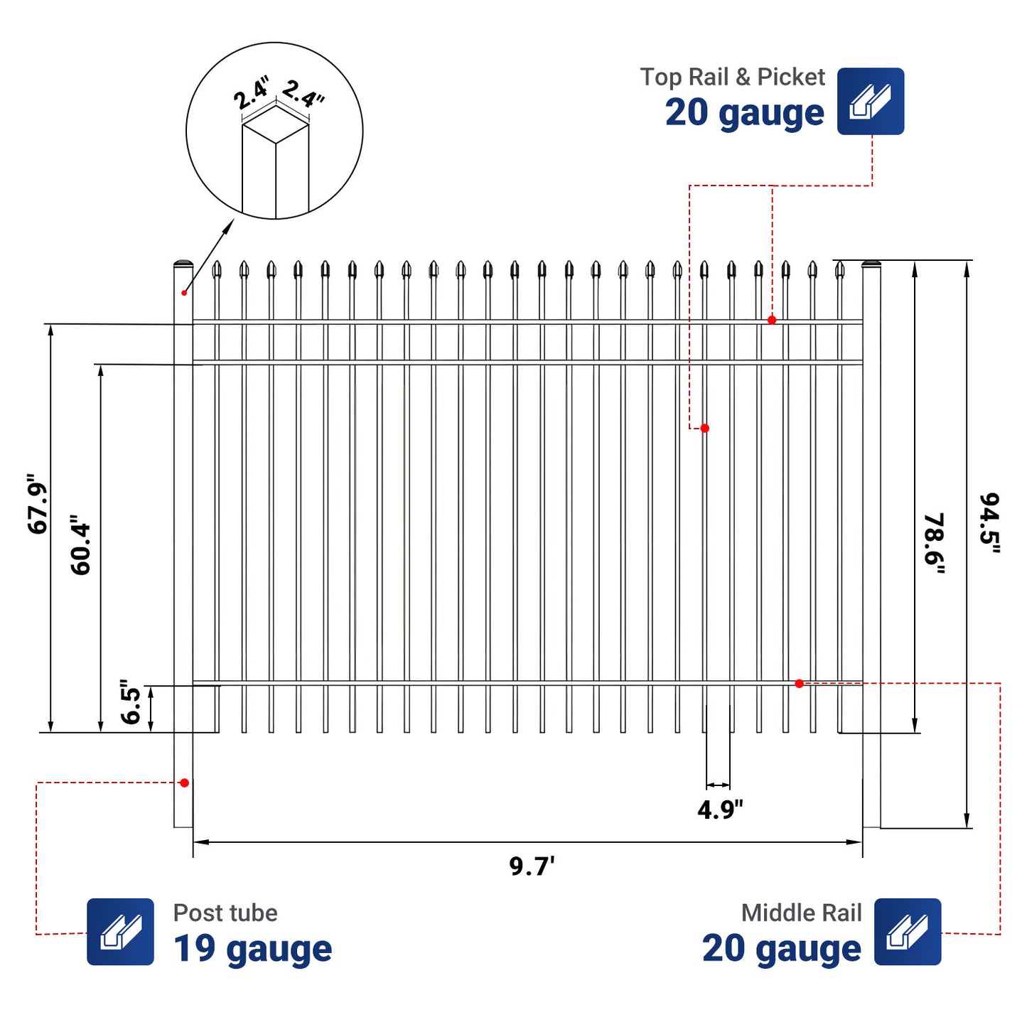 Dimension and tube thickness of 10x7 ft steel fence with 3 rails