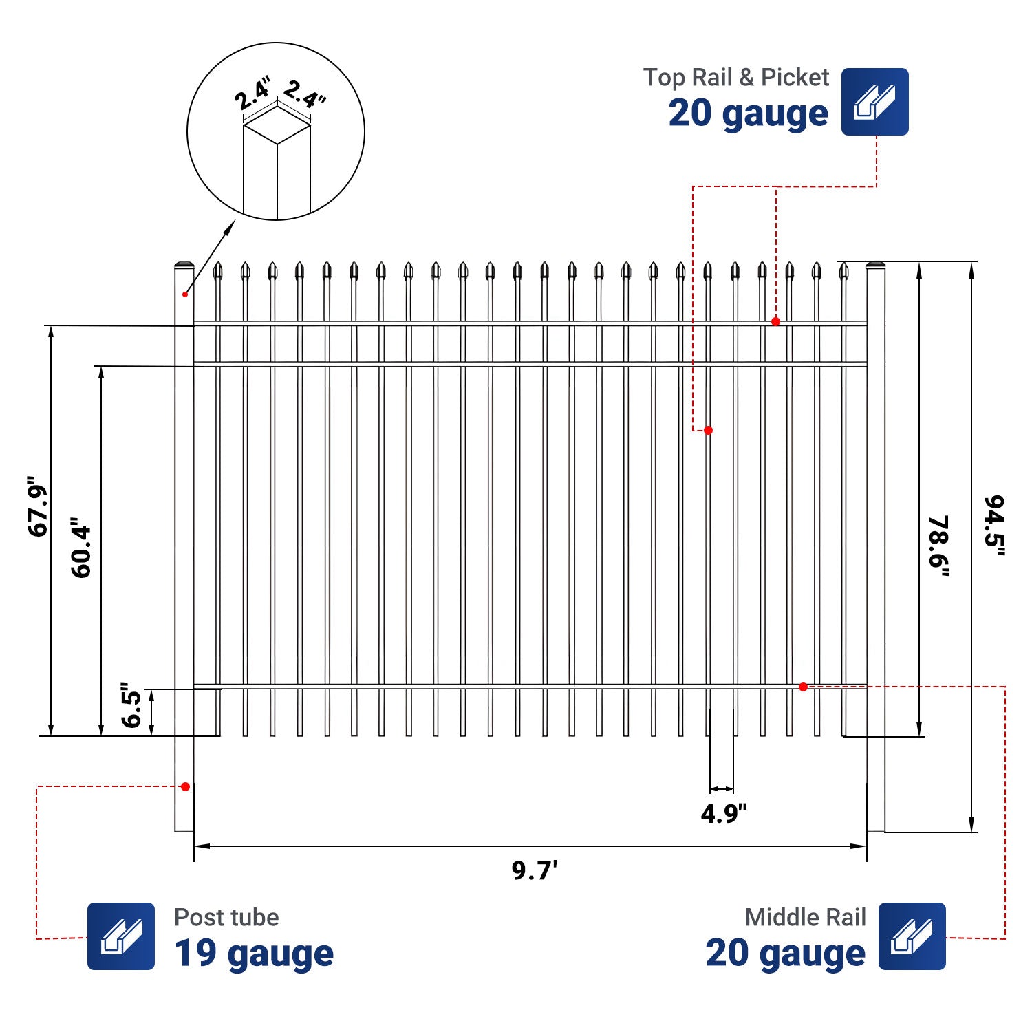 Dimension and tube thickness of 10x7 ft steel fence with 3 rails