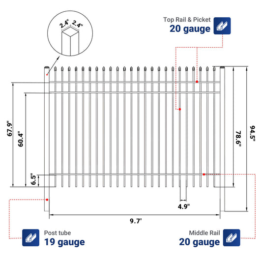 Dimension and tube thickness of 10x7 ft steel fence with 3 rails
