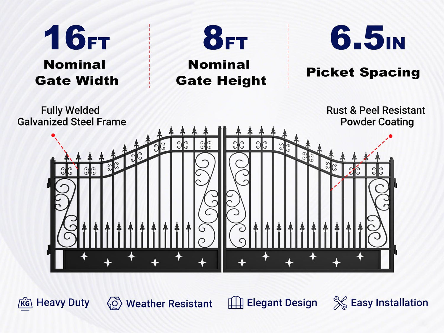 Overview of features of 16x8 ft Dual Swing Driveway Gate with Star Pattern