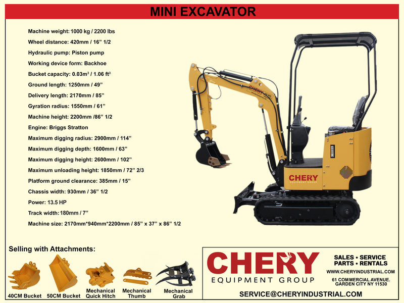 CHERY EQUIPMENT GROUP 12 Series Mini Crawler Excavator with 5 attachments