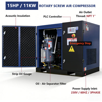 15HP/11KW rotary screw air compressor with labeled components on a white background