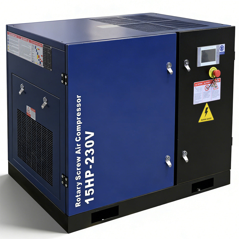 Blue and black rotary screw air compressor on a white background