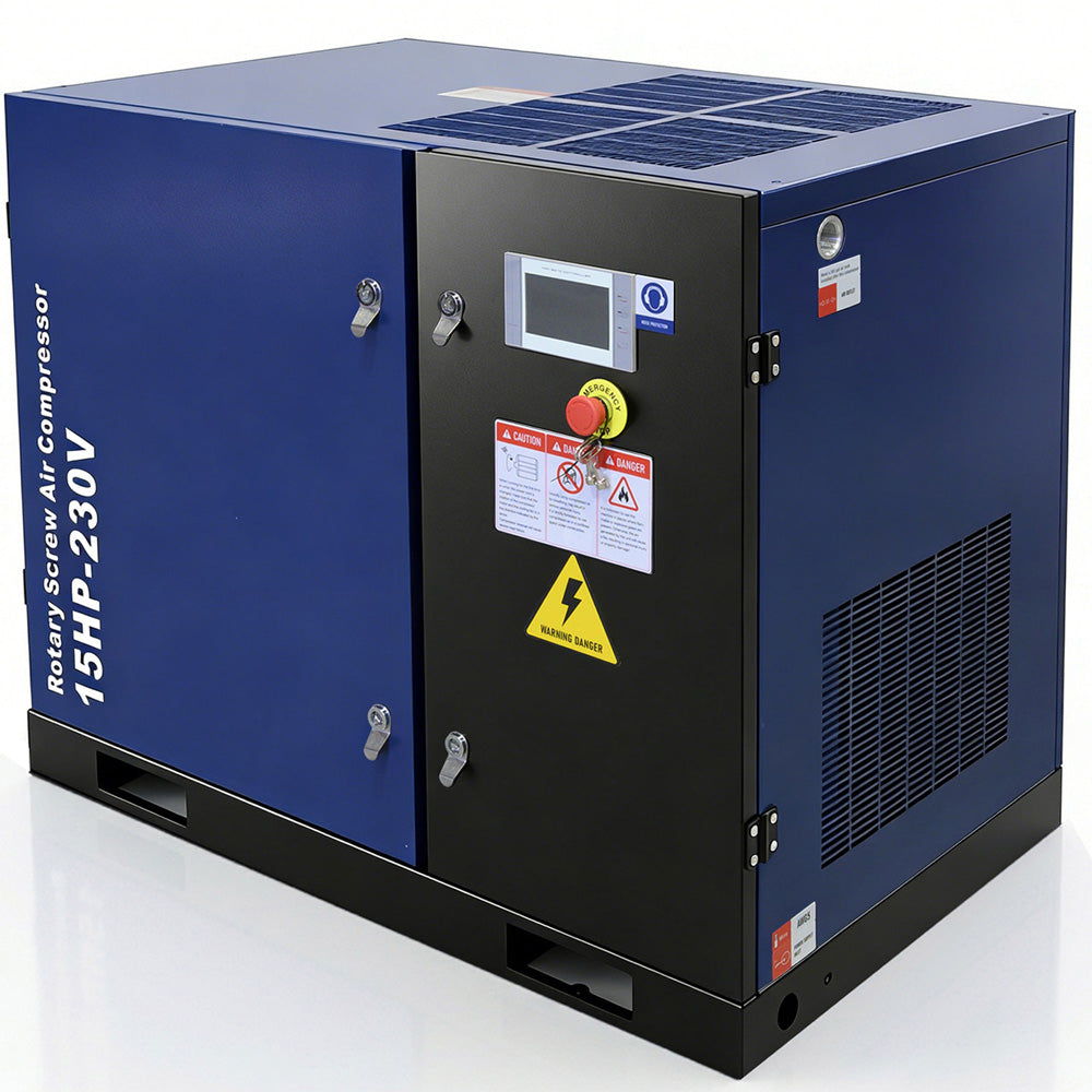 Blue rotary screw air compressor with visible branding and specifications on a white background