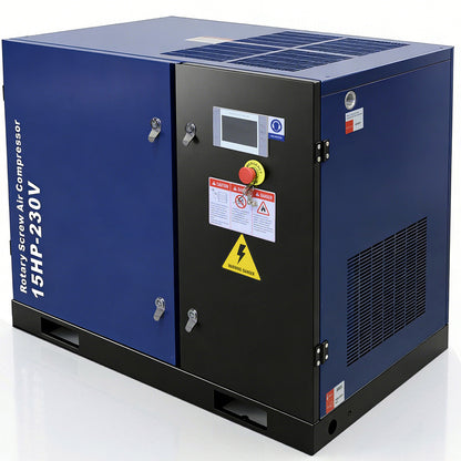 Blue rotary screw air compressor with visible branding and specifications on a white background