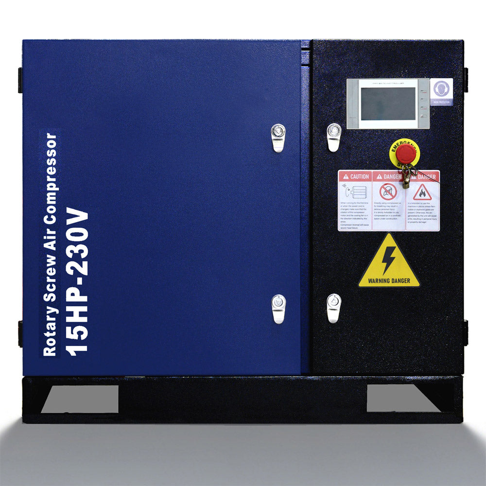Blue rotary screw air compressor with warning labels on a white background
