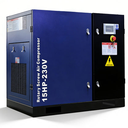 Blue rotary screw air compressor with text on a white background