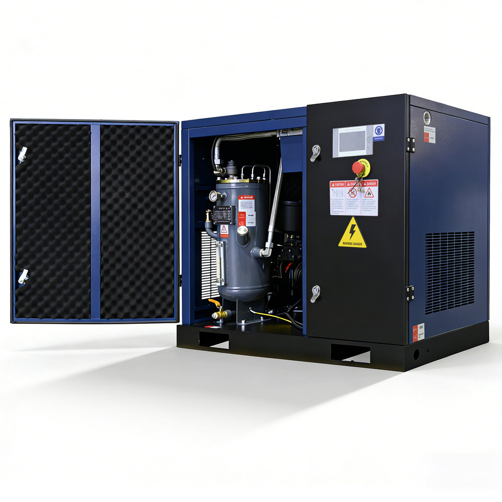 Blue industrial compressor with open side panel on a white background
