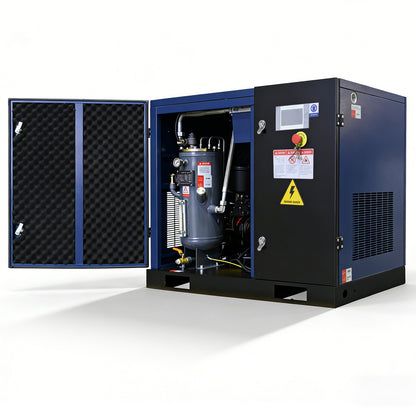 Blue industrial compressor with open side panel on a white background