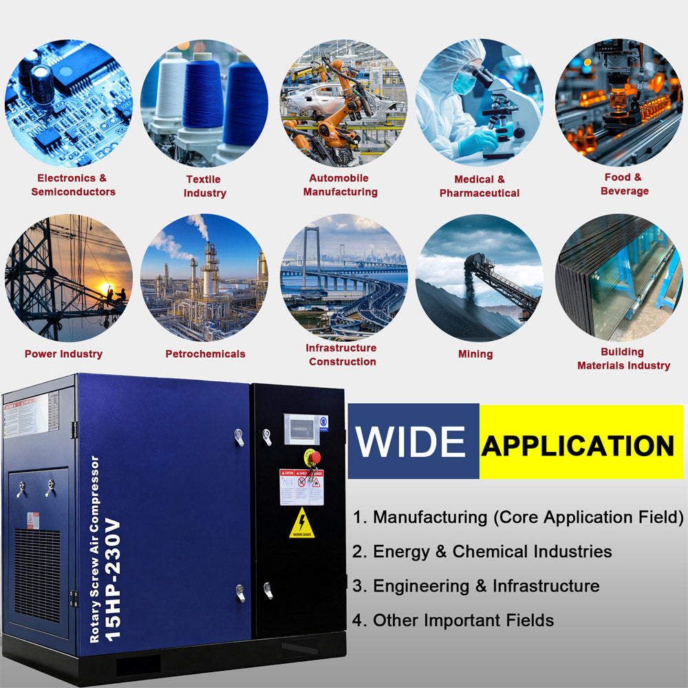 56CFM Rotary Screw Air Compressor, 15HP, 125PSI, 230V 3PHASE 60HZ