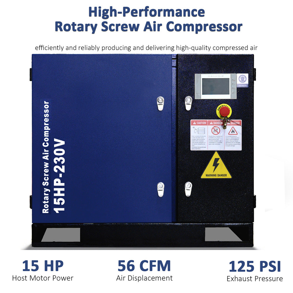 High-performance rotary screw air compressor with specifications on a white background