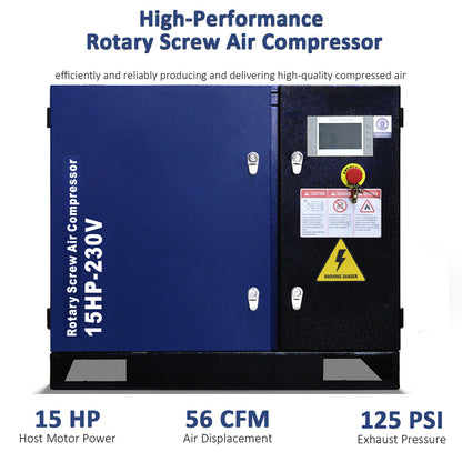 High-performance rotary screw air compressor with specifications on a white background