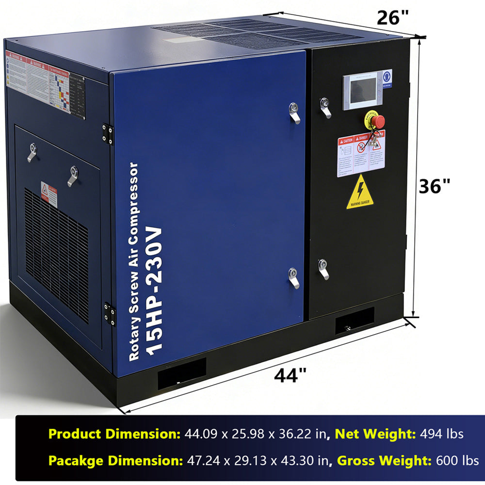 Blue rotary screw air compressor with dimensions and specifications on a white background