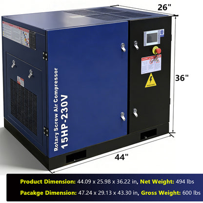 Blue rotary screw air compressor with dimensions and specifications on a white background