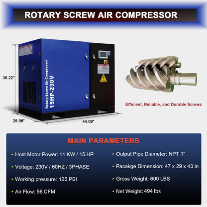 15HP Rotary Screw Air Compressor, 56 CFM, 125PSI, 230V 3PHASE 60HZ