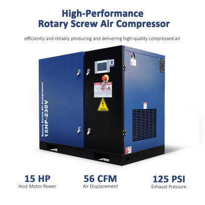 15HP Rotary Screw Air Compressor, 56 CFM, 125PSI, 230V 3PHASE 60HZ