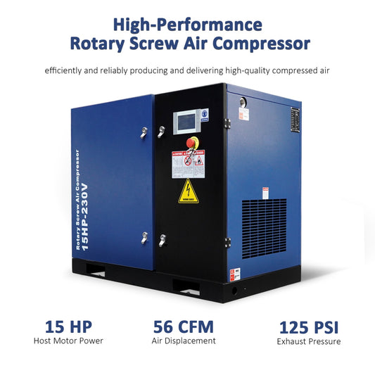 15HP Rotary Screw Air Compressor, 56 CFM, 125PSI, 230V 3PHASE 60HZ