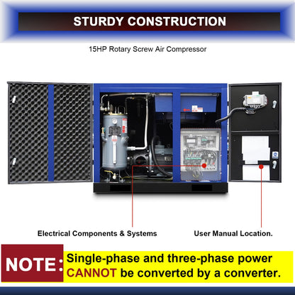 15HP Rotary Screw Air Compressor, 56 CFM, 125PSI, 230V 3PHASE 60HZ