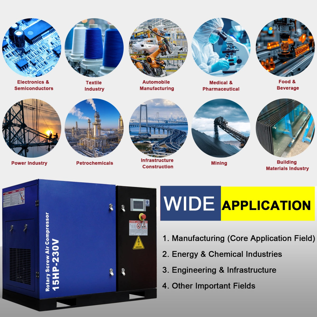 15HP Rotary Screw Air Compressor, 56 CFM, 125PSI, 230V 3PHASE 60HZ