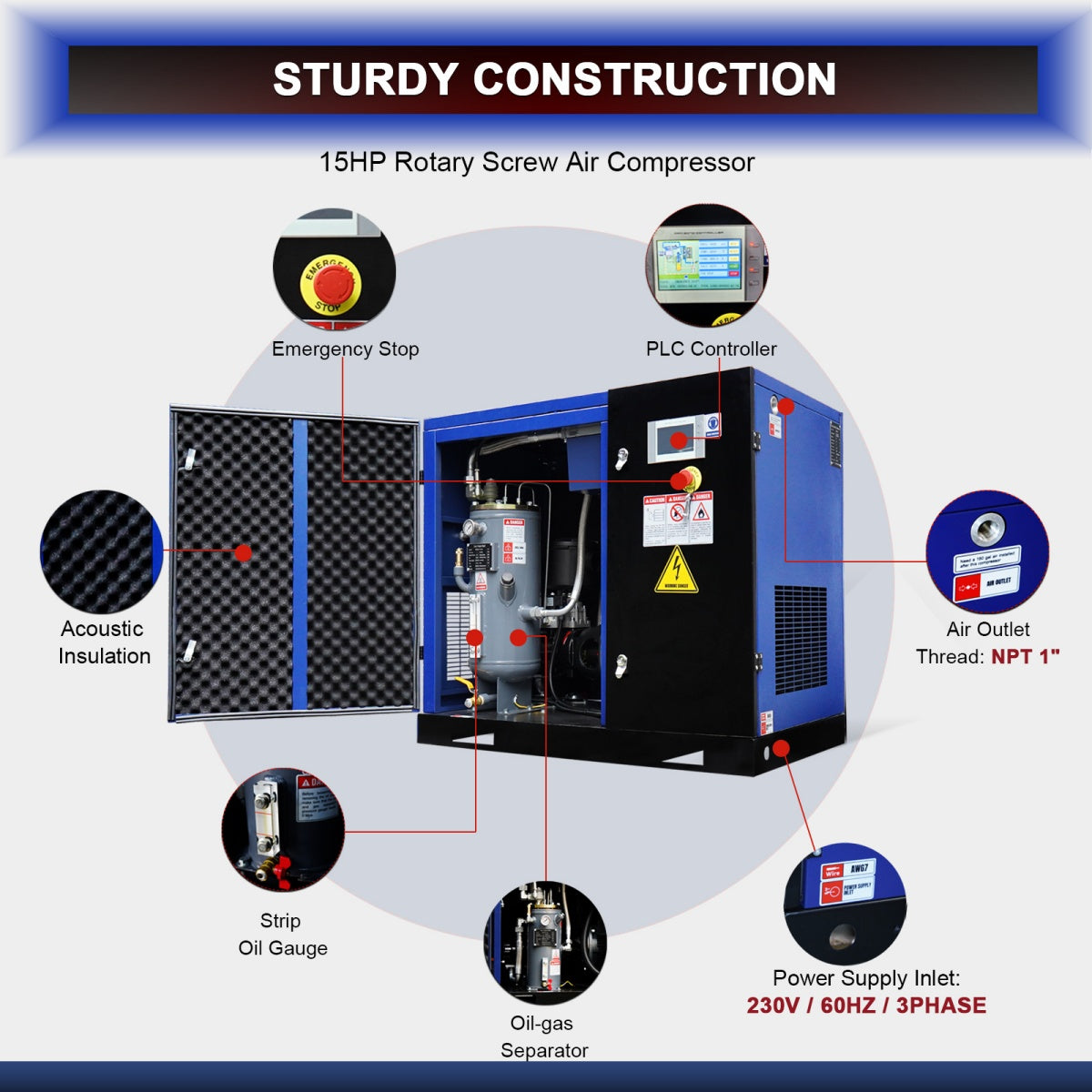 15HP Rotary Screw Air Compressor, 56 CFM, 125PSI, 230V 3PHASE 60HZ