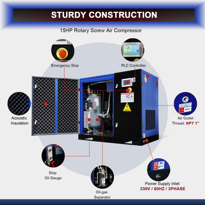 15HP Rotary Screw Air Compressor, 56 CFM, 125PSI, 230V 3PHASE 60HZ