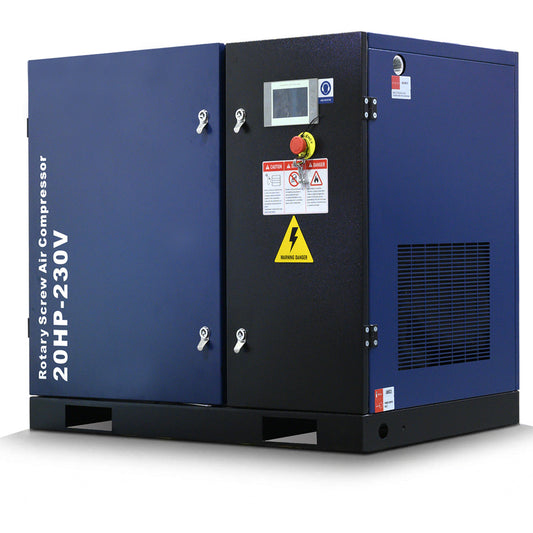 Blue and black rotary screw air compressor on a white background