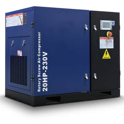 Blue rotary screw air compressor with text on a white background