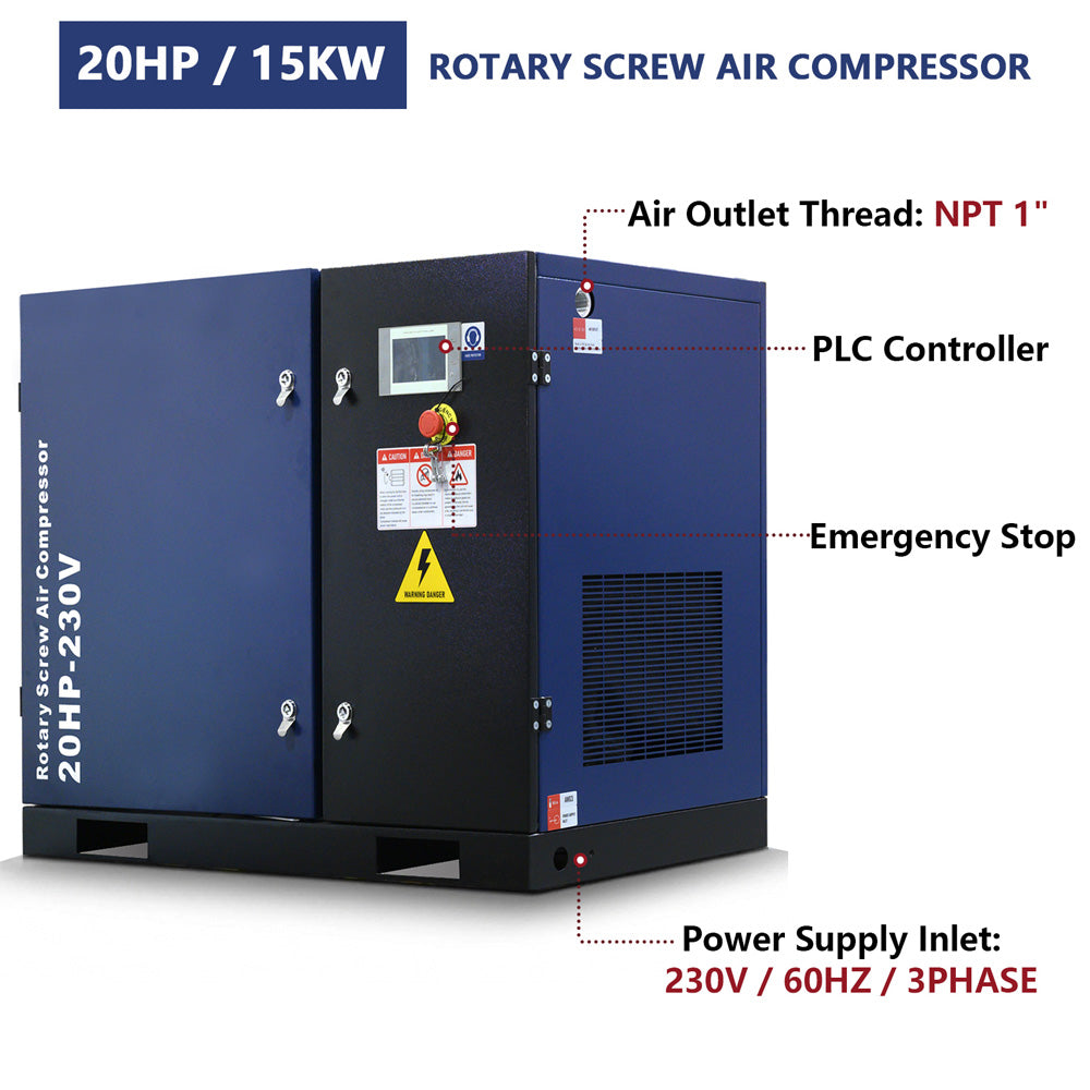 Blue rotary screw air compressor with labeled features on a white background