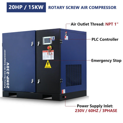 Blue rotary screw air compressor with labeled features on a white background