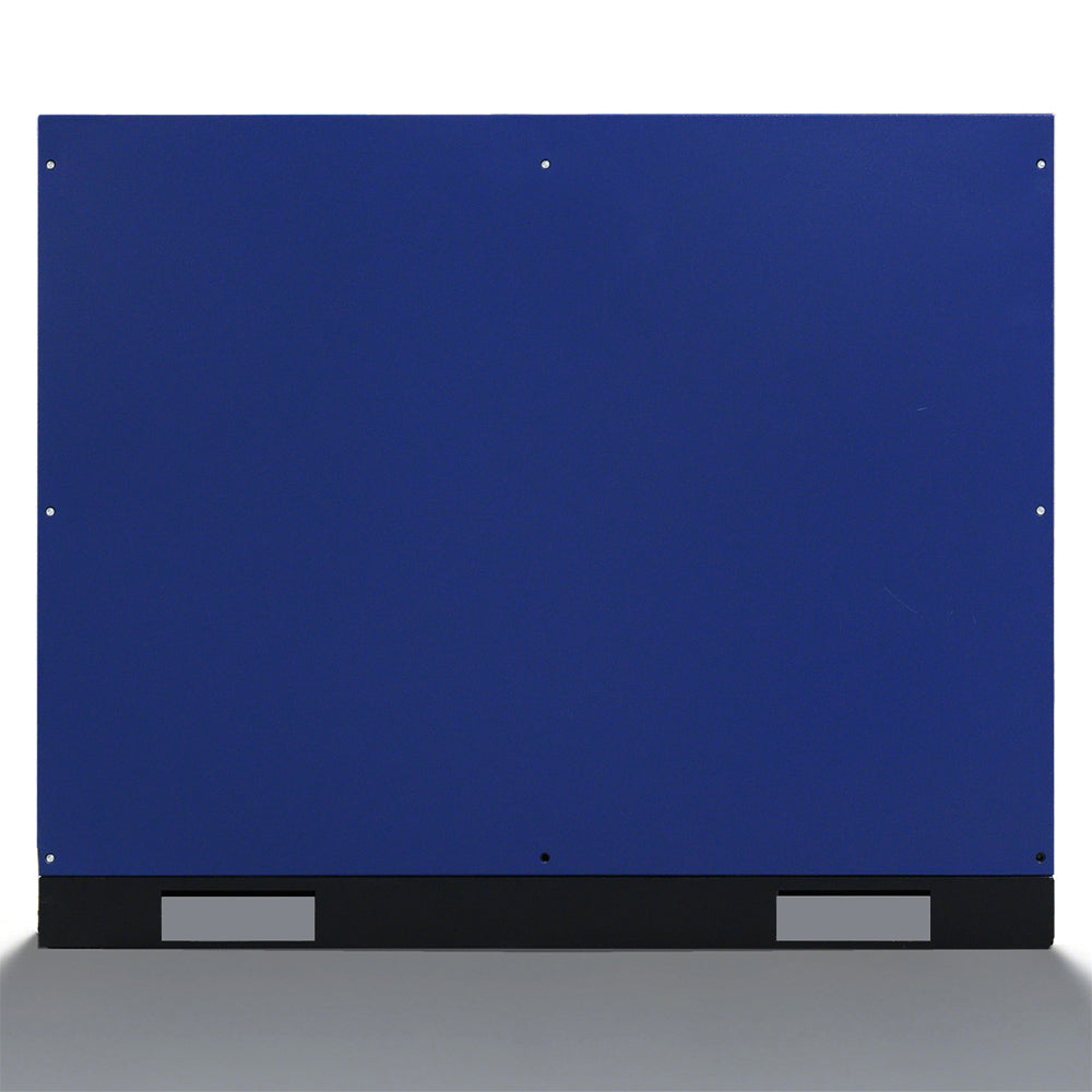 Blue rectangular panel with black base on a white background