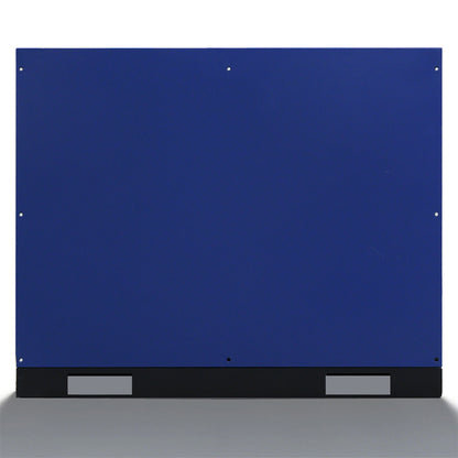 Blue rectangular panel with black base on a white background