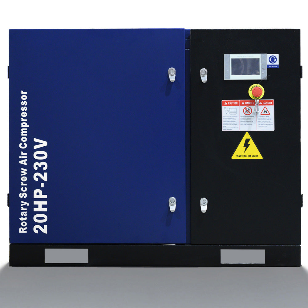 Blue and black rotary screw air compressor with visible branding and specifications.