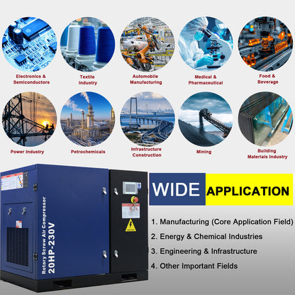 Rotary screw air compressor with application sectors on a gray background