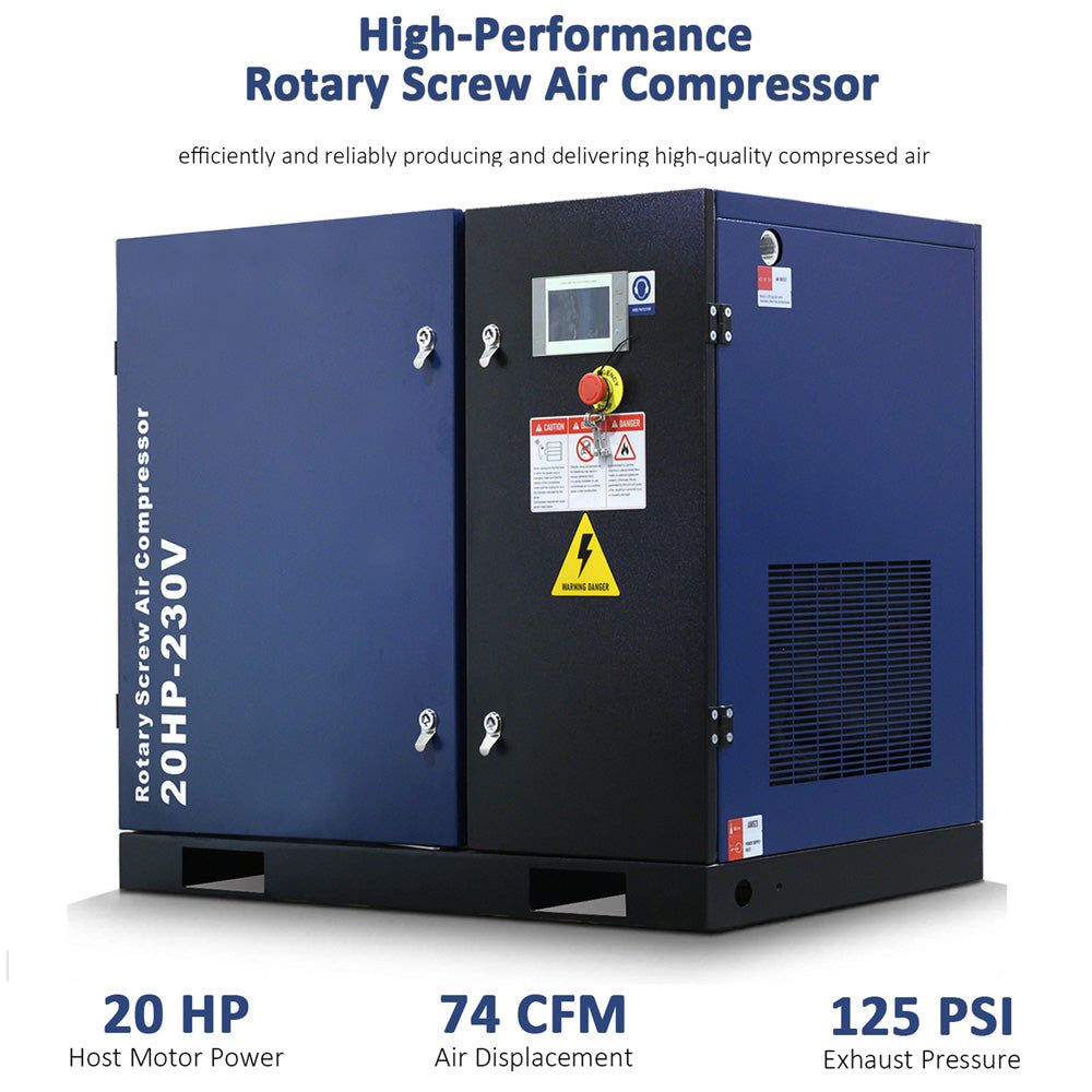 High-performance rotary screw air compressor with specifications on a white background