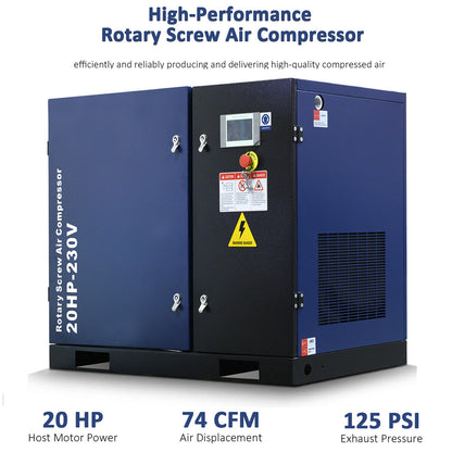 High-performance rotary screw air compressor with specifications on a white background