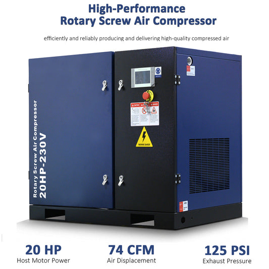 High-performance rotary screw air compressor with specifications on a white background