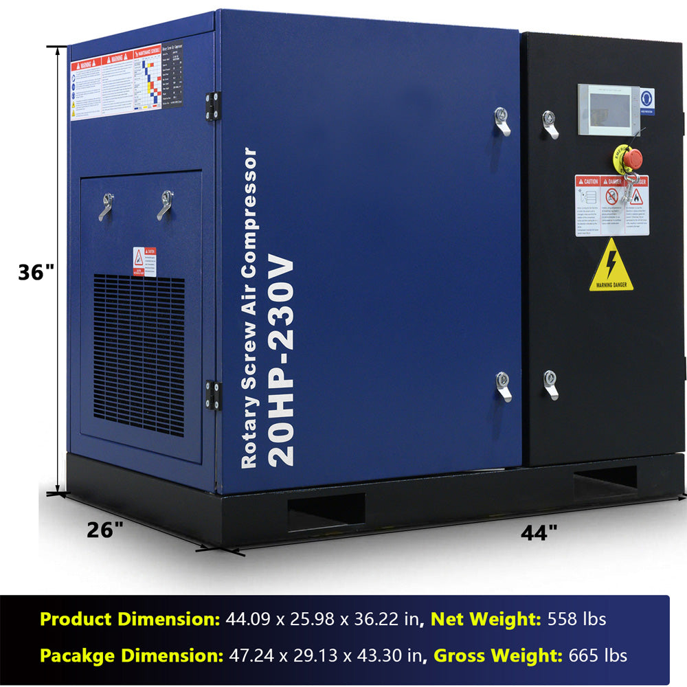 Blue rotary screw air compressor with dimensions and weight details on a white background