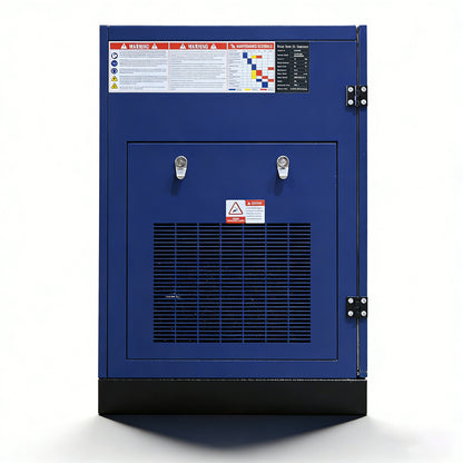 Blue industrial cabinet with warning labels on a white background
