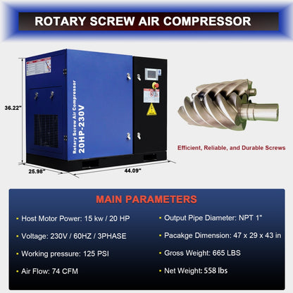 20HP Rotary Screw Air Compressor, 74CFM, 125PSI, Dimension