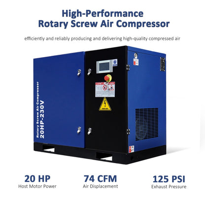 20HP Rotary Screw Air Compressor, 74CFM, 125PSI, Features