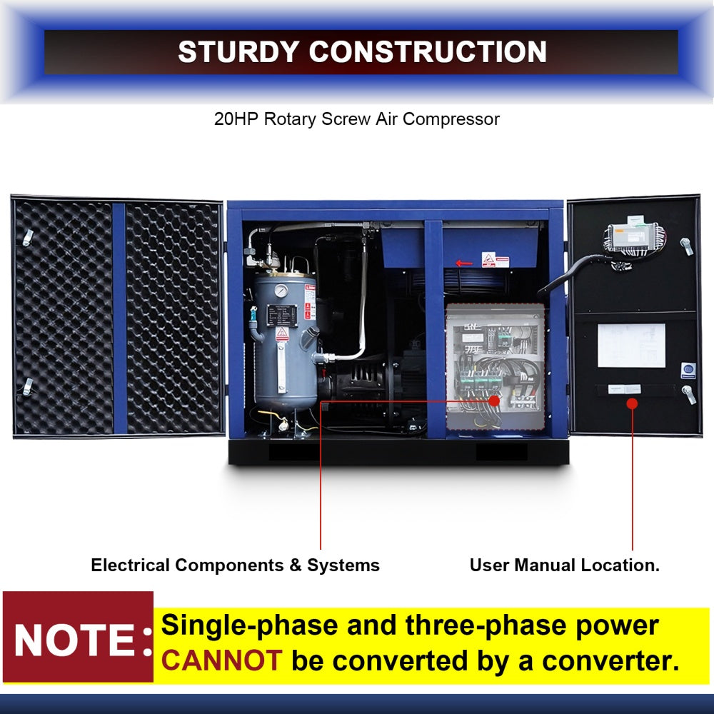20HP Rotary Screw Air Compressor, 74CFM, 125PSI, 230V 3PHASE 60HZ