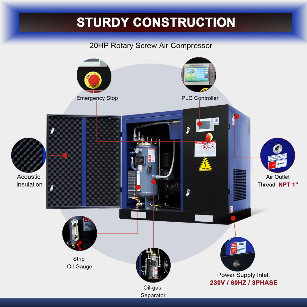 20HP Rotary Screw Air Compressor, 74CFM, 125PSI, 230V 3PHASE 60HZ