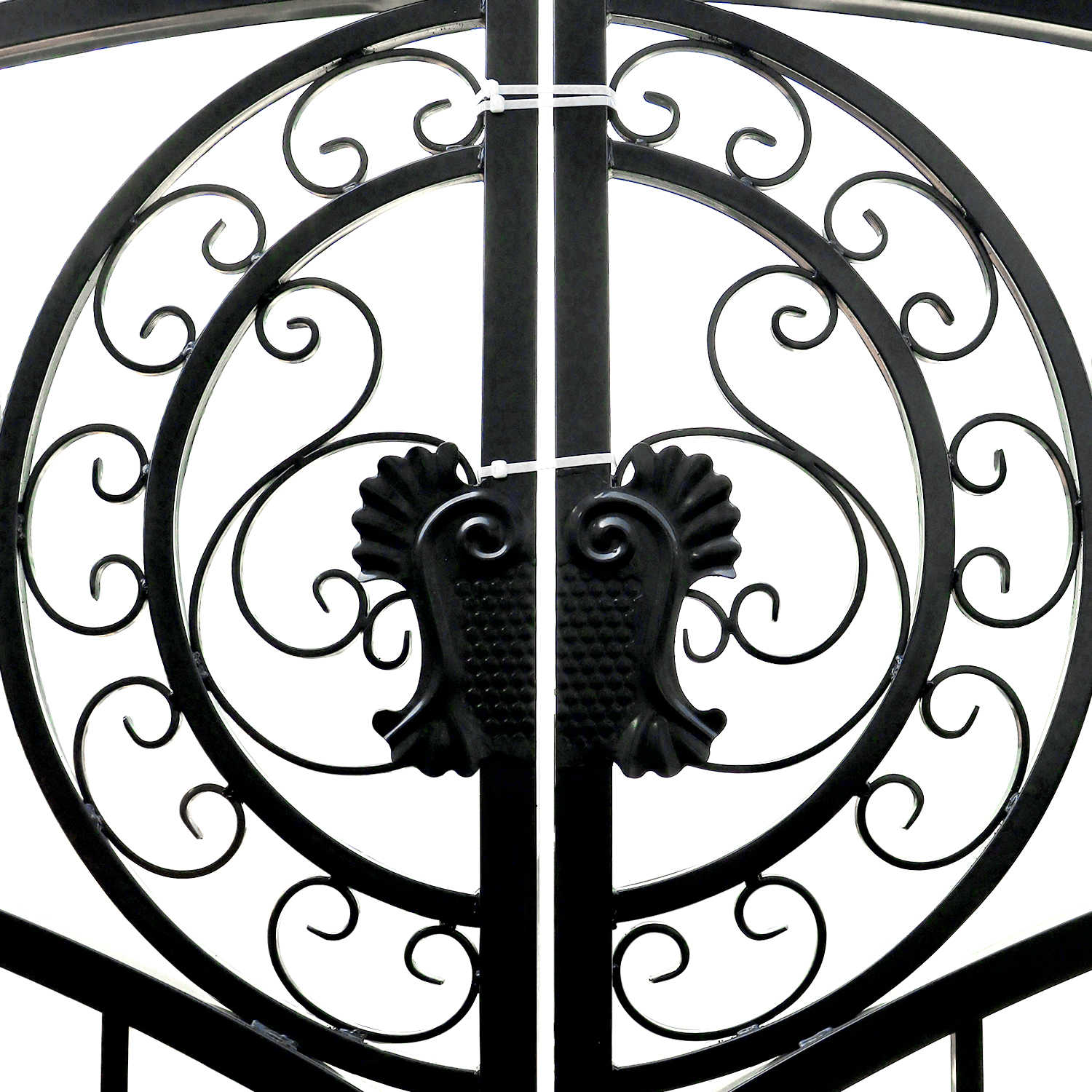 The 14 ft European style driveway gate features beautiful scrollwork and sturdy latches.