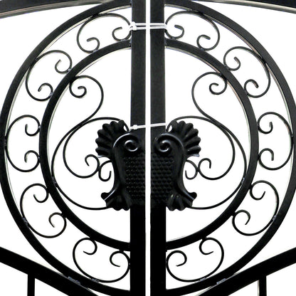 The 14 ft European style driveway gate features beautiful scrollwork and sturdy latches.