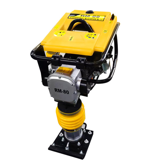 A RM-80 compact plate compactor with a yellow engine housing